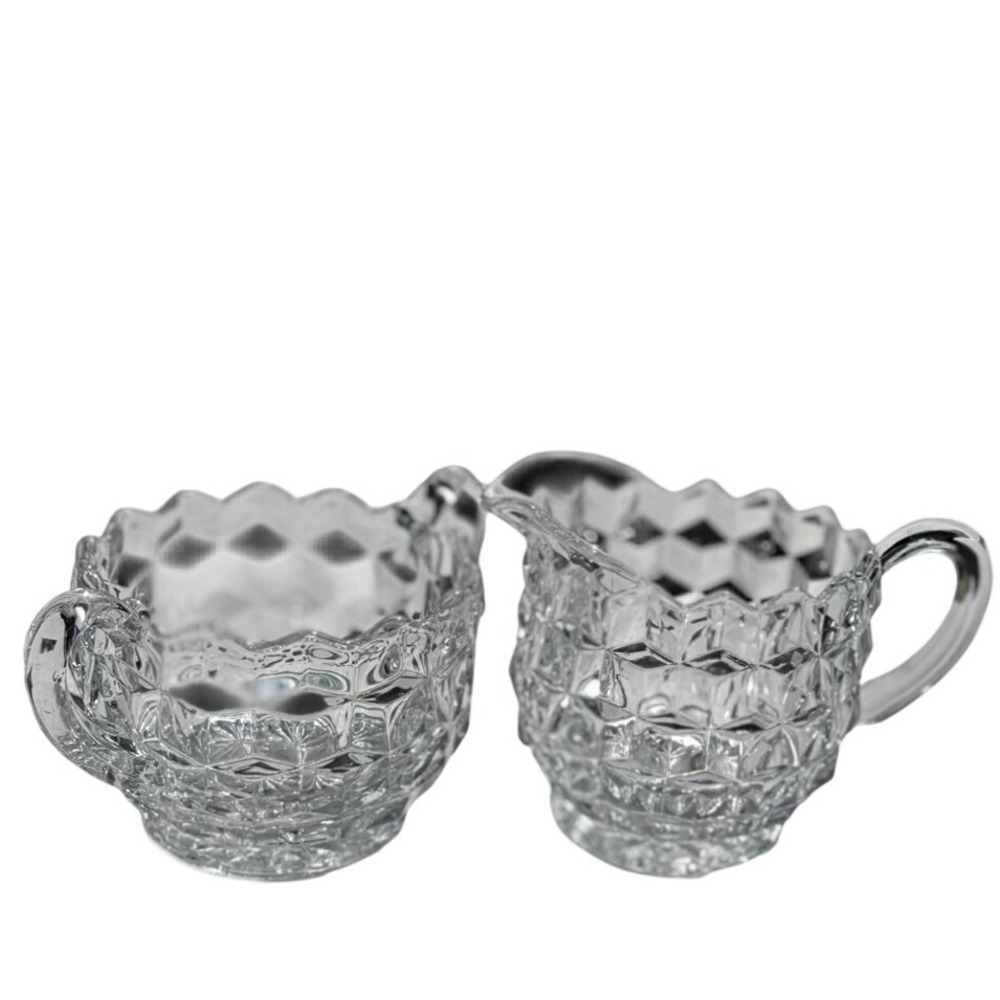 Vintage Fostoria Clear Pressed Glass Diamond Point Cream and Sugar Bowl Set NICE